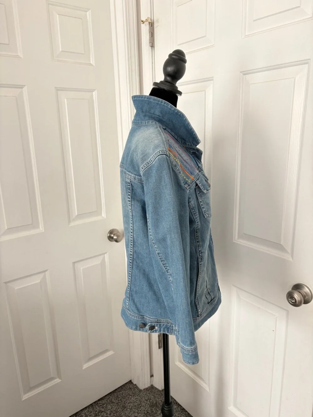 J. Jill Light Blue Denim Jacket with Multicolor Embroidered Yoke - Picture 5 of 13